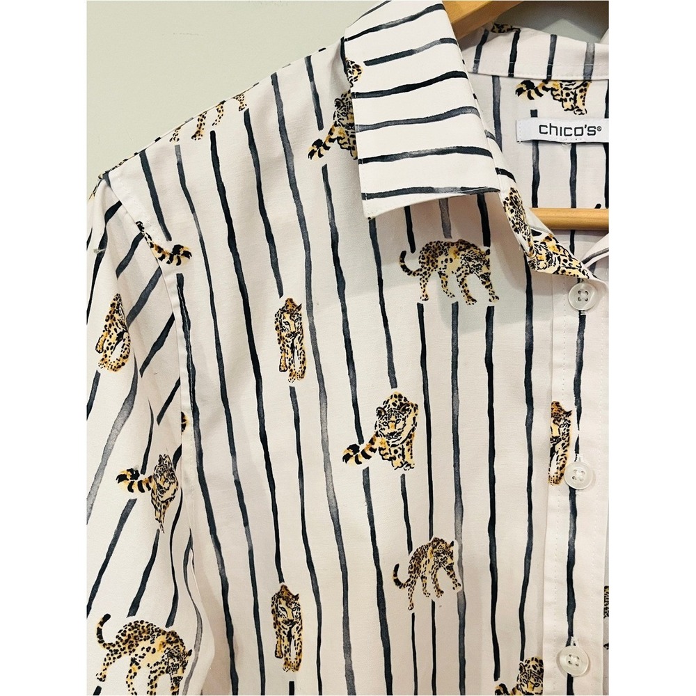 Chico's Leopard Stripe Button Down Shirt Safari White 1.5/10 3/4 Sleeve Cuffs